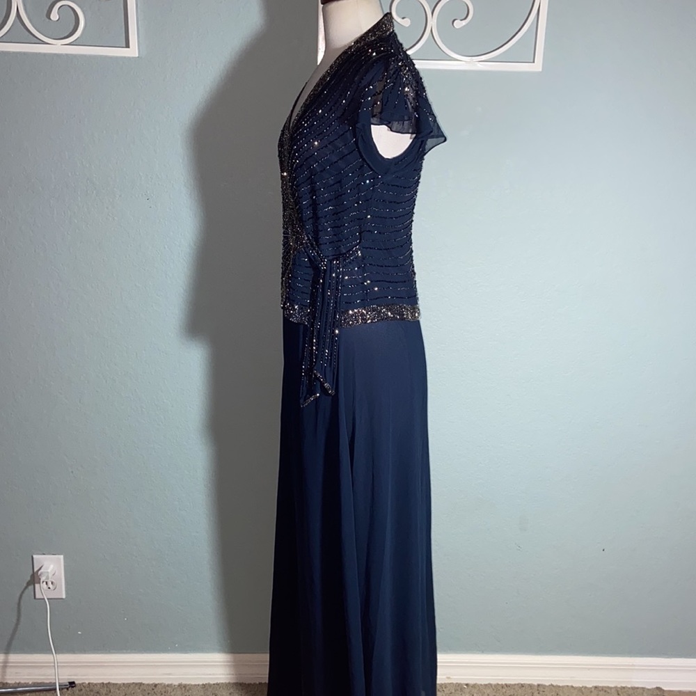 Nwt JKara  Navy Chiffon Embellished Evening Dress Gown - Picture 11 of 14